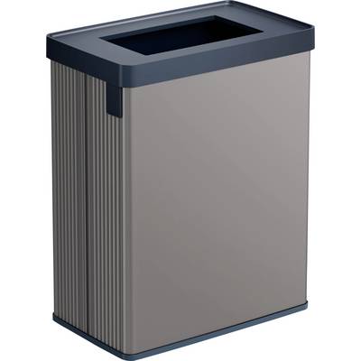 Une poubelle rectangulaire grise avec couvercle ouvert, adaptée aux espaces intérieurs.