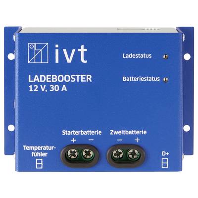 Booster de charge bleu avec l'inscription 'ivt LADEBOOSTER 12 V, 30 A'. Indicateurs de statut de charge et de statut de batterie. Connexions pour batterie de démarrage et batterie secondaire.