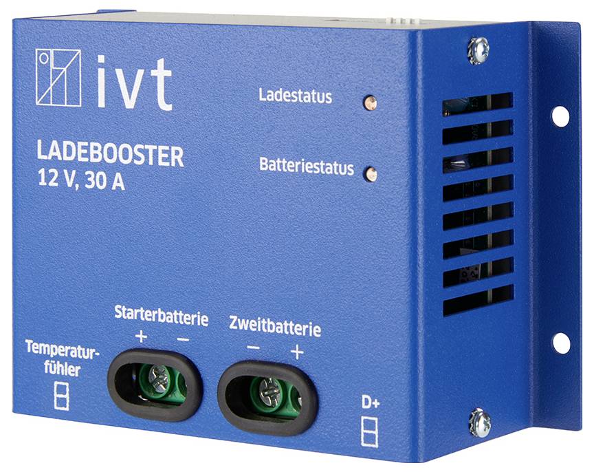 Booster bleu portant l'inscription 'ivt' avec des connexions pour batterie de démarrage et batterie secondaire. Affiche le statut de charge et l'état de la batterie.