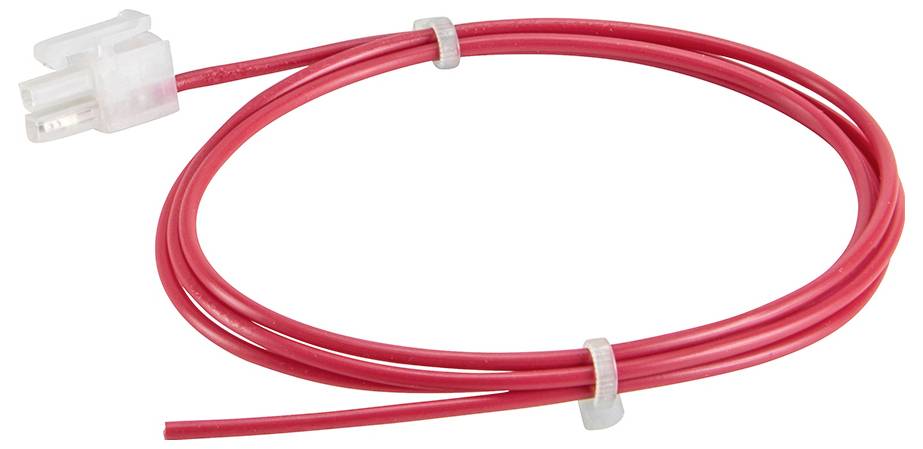 Câble rouge avec fiche en plastique, enroulé, fixé avec deux attaches-câbles.