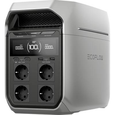 Station électrique portable argentée de la marque ECOFLOW, équipée d'un écran et de quatre prises électriques. Affiche le niveau de charge et les connexions disponibles.