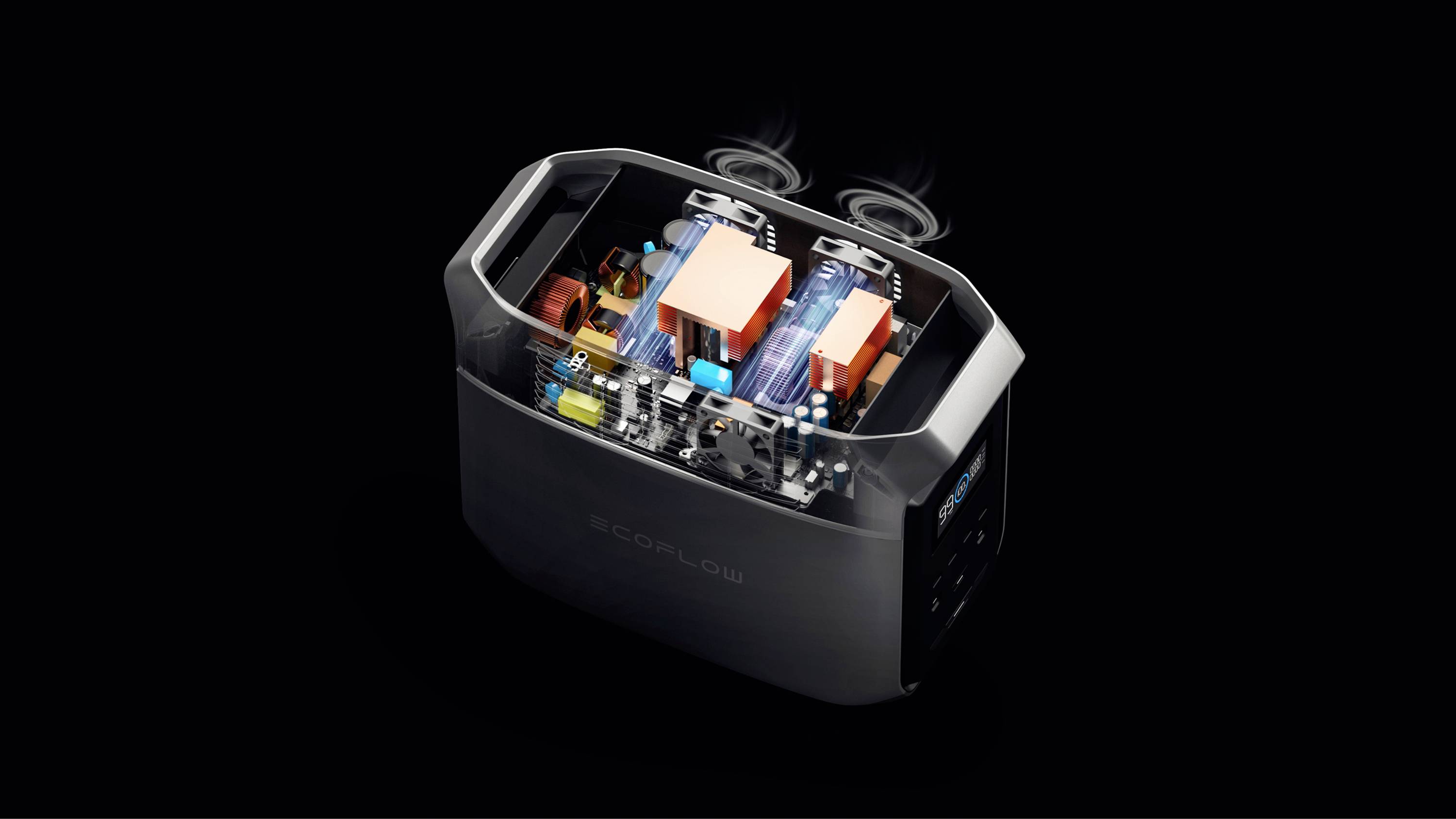 Représentation transparente d'un dispositif technique avec des composants visibles tels que des condensateurs et des circuits intégrés dans un boîtier sombre.