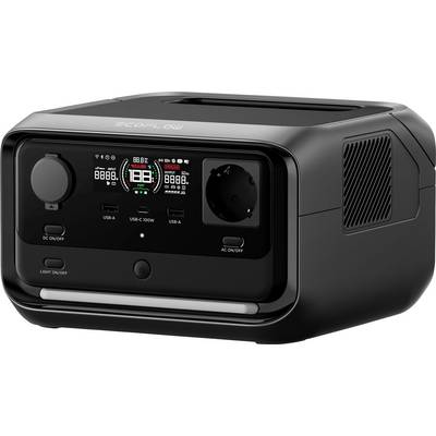Station d'alimentation portable en noir avec plusieurs ports USB et affichage du statut de charge. Adaptée à l'alimentation électrique mobile.