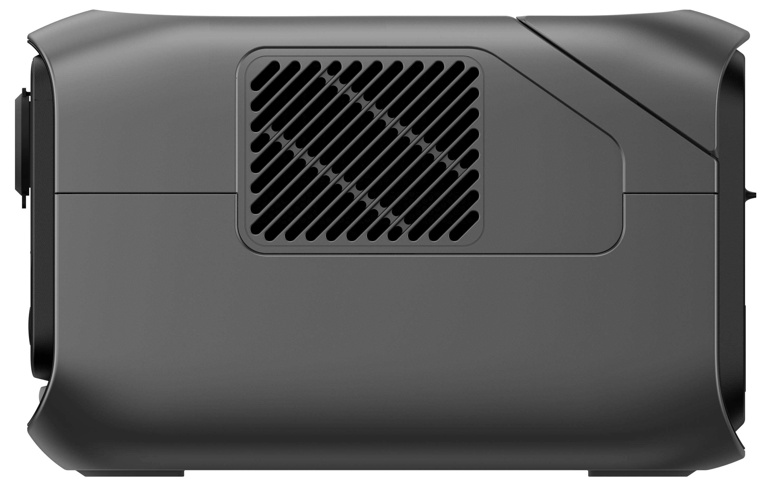 Un projecteur noir et compact vu de profil, avec une grille de ventilation visible et une surface lisse.