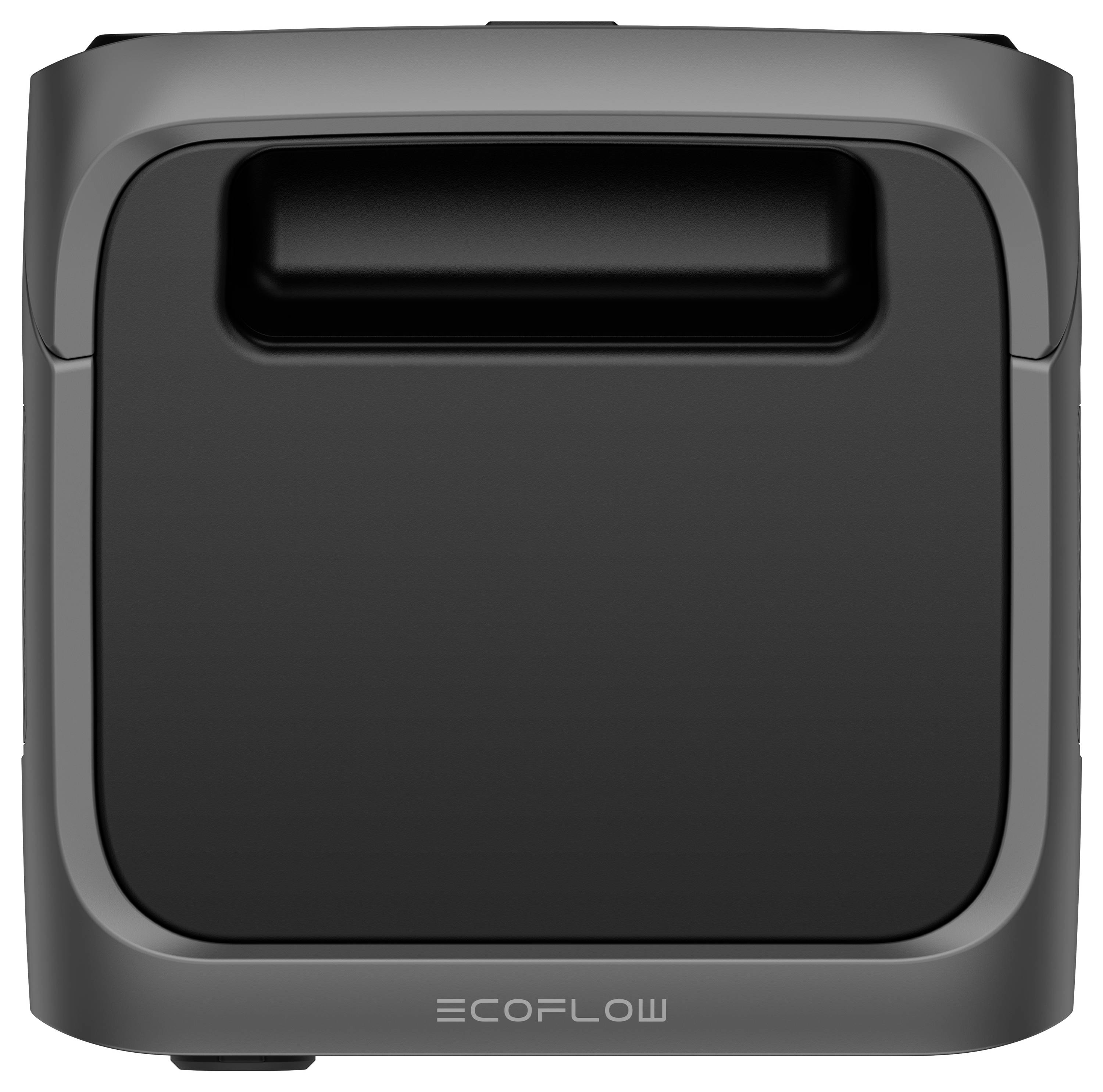 Appareil noir, carré, avec une poignée sur le dessus et le logo 'EcoFlow' en bas.