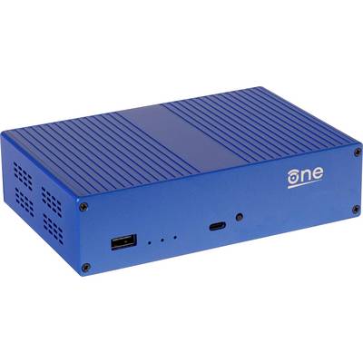Un appareil électronique bleu rectangulaire avec des fentes de ventilation et différents ports sur la façade.