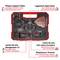 Valise rouge avec différents accessoires multifonctions, notamment plaque porteuse Delta, lame de scie demi-circulaire HCS et adaptateur Dremel.
