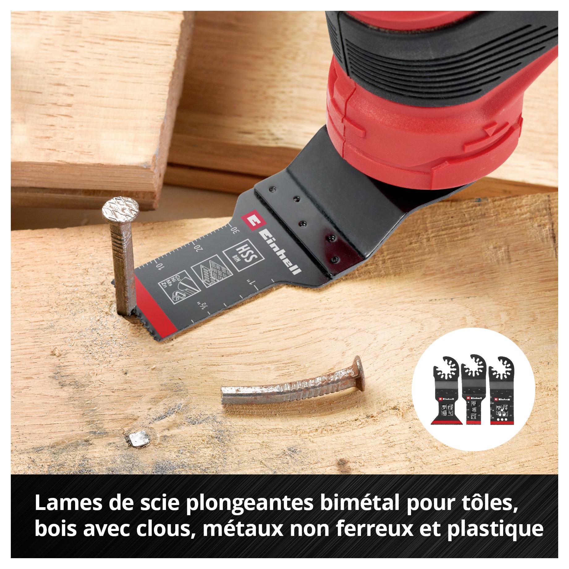 Une scie électrique coupe sans effort un clou, entouré de morceaux de bois. En bas à droite : illustration de trois lames de scie de rechange.