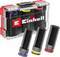 Ensemble de douilles Einhell avec quatre douilles de couleurs différentes (17mm, 19mm, 21mm) dans un étui transparent.