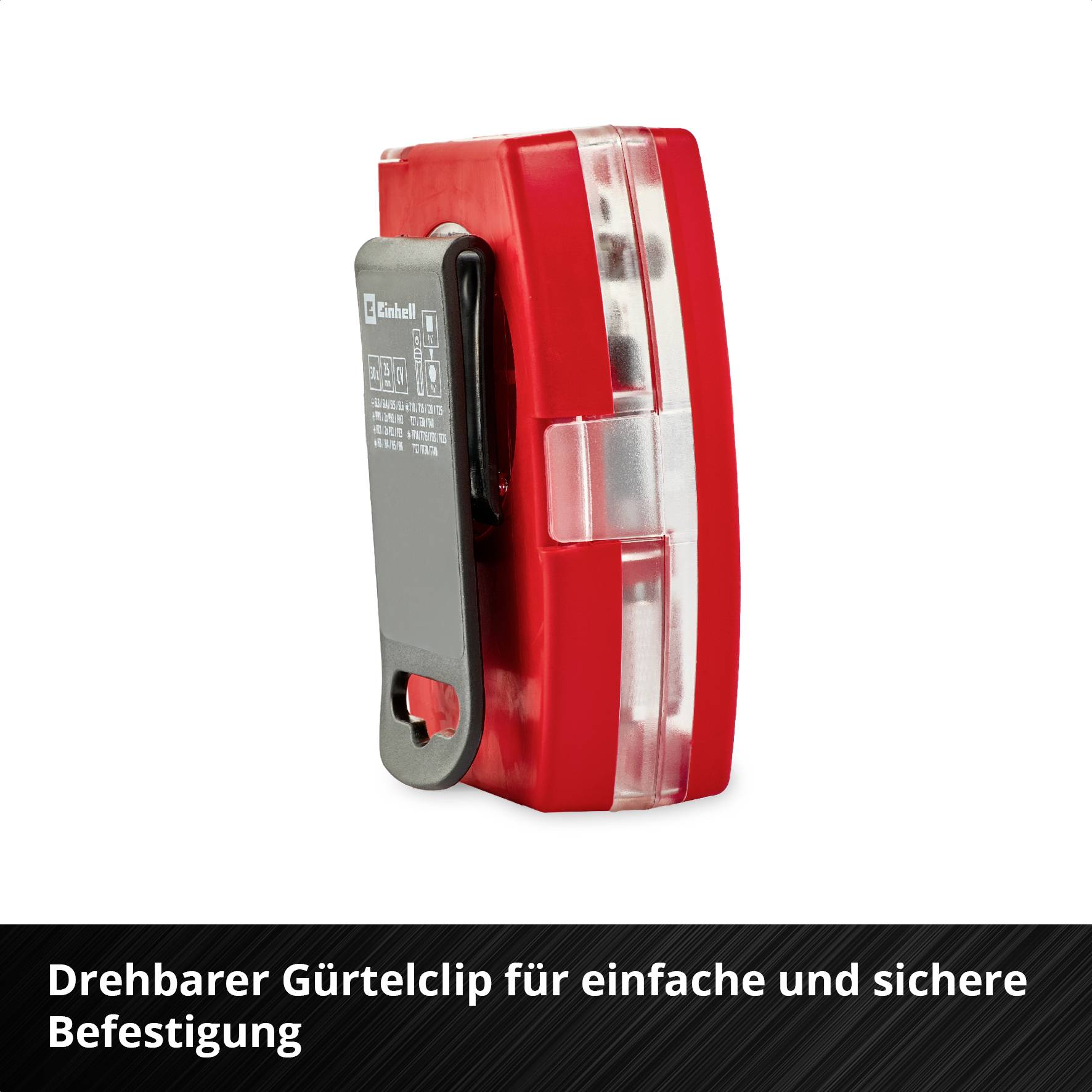 Lampe Einhell avec clip de ceinture rotatif, rouge et noir, pour une fixation simple et sécurisée. Texte au-dessous : 'Clip de ceinture rotatif pour une fixation simple et sécurisée'.