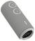 Enceinte Bluetooth portable, forme cylindrique, grise, avec touches plus et moins pour le réglage du volume sur un côté.