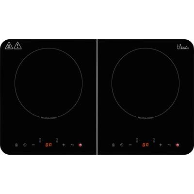 Plaque de cuisson à induction avec deux zones de cuisson, chacune équipée de boutons de réglage pour la température et la puissance. L'affichage numérique indique 'On'.