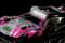 Voiture télécommandée en rose vif avec des phares LED sur le toit, conçue pour des courses effrénées et des cascades spectaculaires.