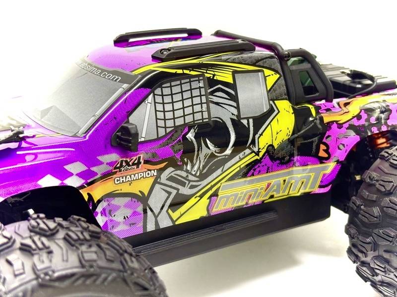 Une voiture miniature de style tout-terrain avec des graphismes colorés et l'inscription '4x4 Champion' et 'mini ANT' sur le côté.