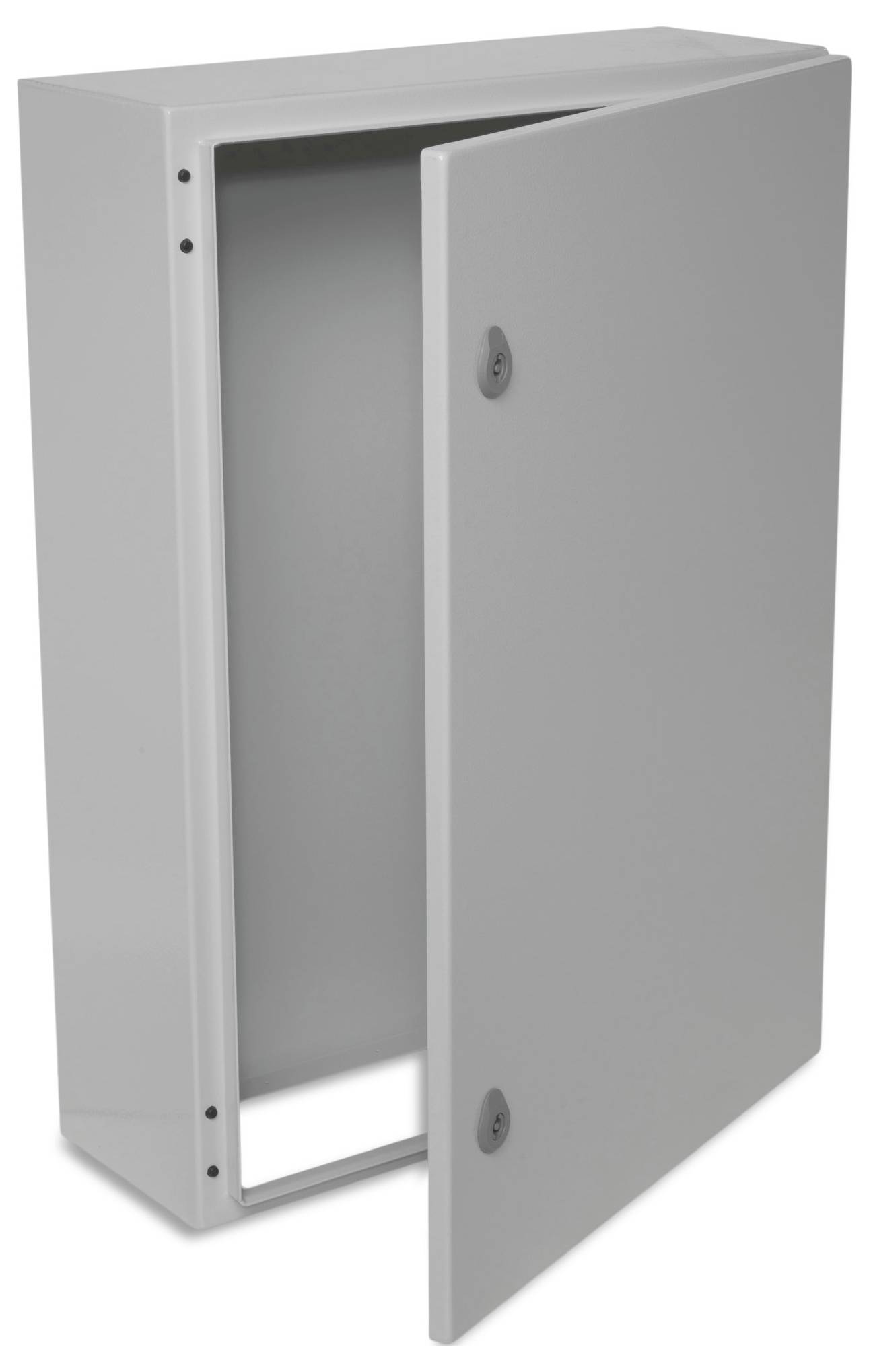 Boîte métallique grise peinte avec porte ouverte. Idéale pour protéger les composants électriques dans les environnements industriels.