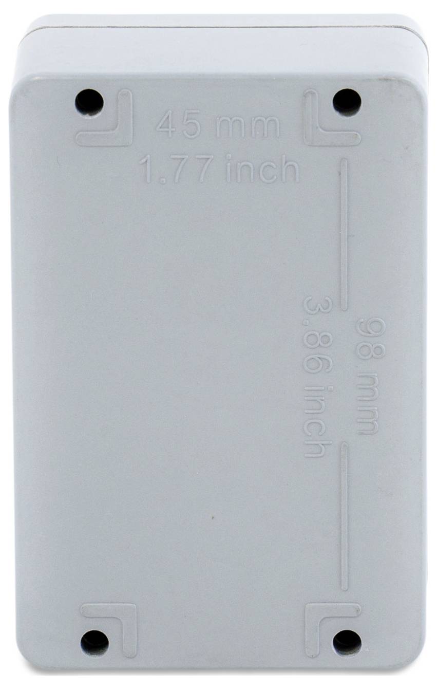 Boîte en plastique grise rectangulaire avec les dimensions : 45 mm (1,77 pouces) x 98 mm (3,86 pouces).