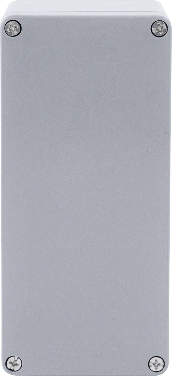Un boîtier métallique gris, rectangulaire, avec des coins arrondis et quatre vis visibles aux angles du couvercle.
