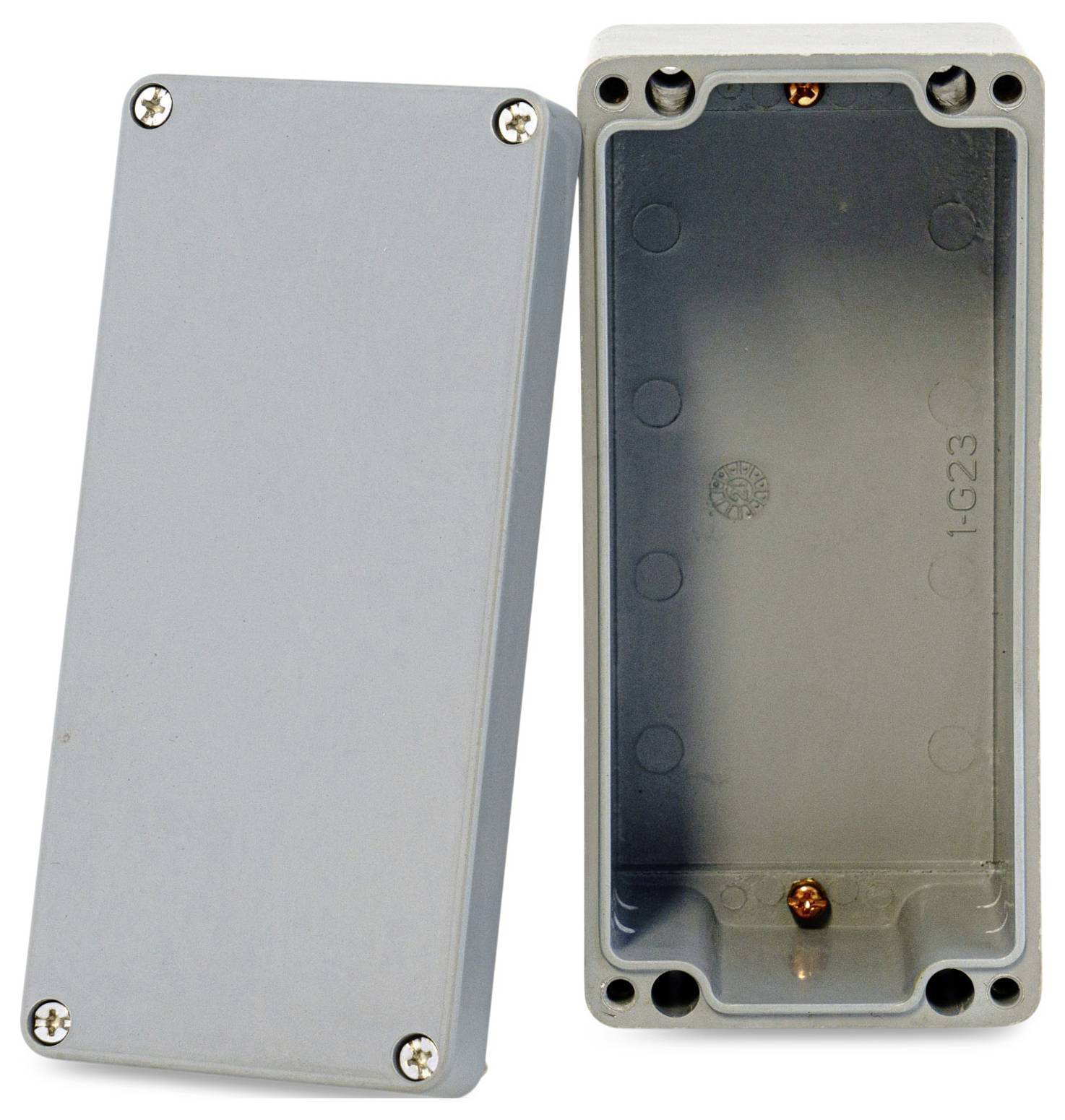 Boîte rectangulaire grise avec couvercle retiré, montrant l'intérieur et les vis. Adaptée aux applications électrotechniques.