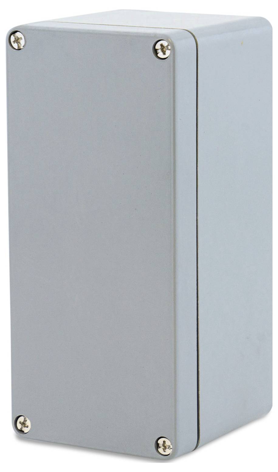Un boîtier métallique gris, rectangulaire, avec des vis aux coins, positionné verticalement. Il est fréquemment utilisé pour loger des composants électriques.
