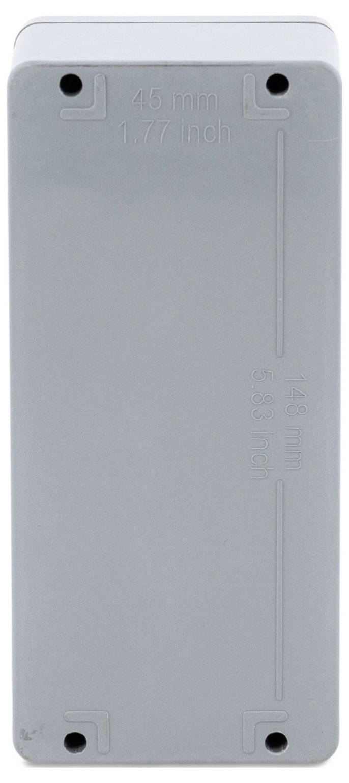Boîtier en plastique gris, rectangulaire, orienté verticalement, avec des trous de vis aux coins et des indications sur les dimensions.