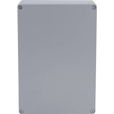 Boîtier gris rectangulaire à surface légèrement texturée avec des vis dans les coins.