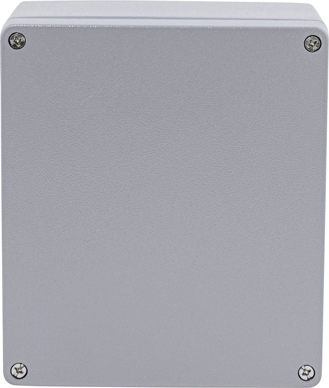 Boîte rectangulaire grise en métal avec quatre vis visibles aux coins, probablement un boîtier pour composants électroniques.