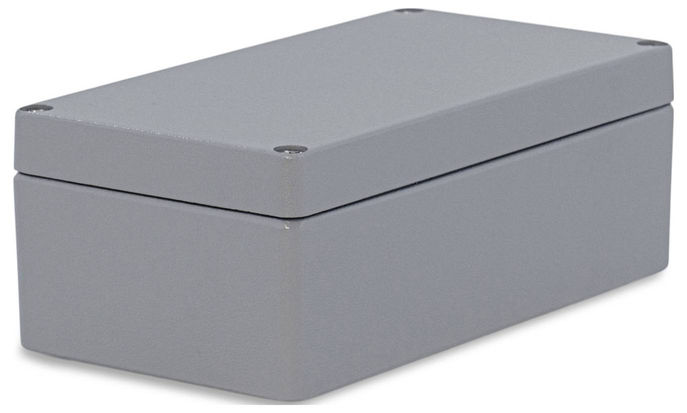 Boîtier métallique gris laqué avec couvercle amovible, adapté à la protection des composants électroniques dans les applications industrielles.
