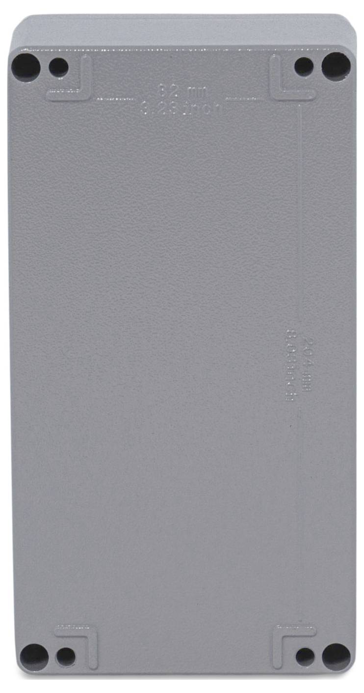 Boîte en plastique grise rectangulaire, fermée par quatre vis dans les coins. Adaptée pour les composants électroniques.