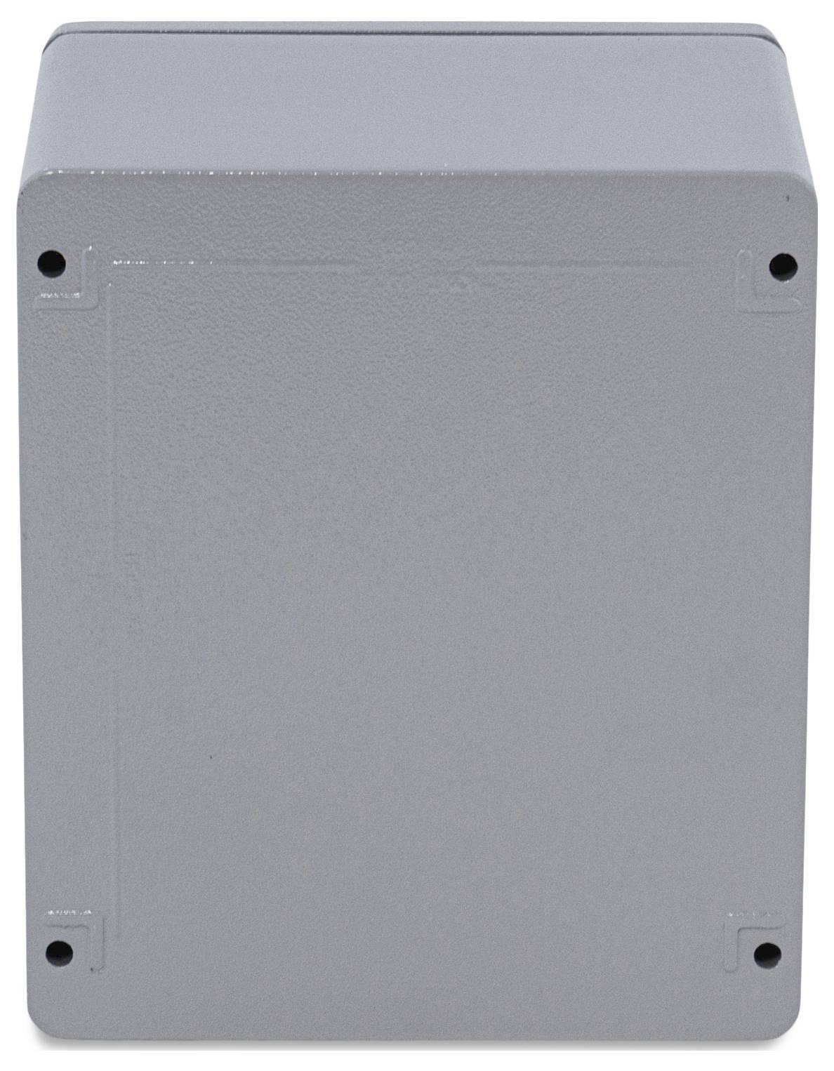 Boîtier rectangulaire gris aux coins arrondis, quatre trous de vis aux angles, probablement un boîtier de protection.