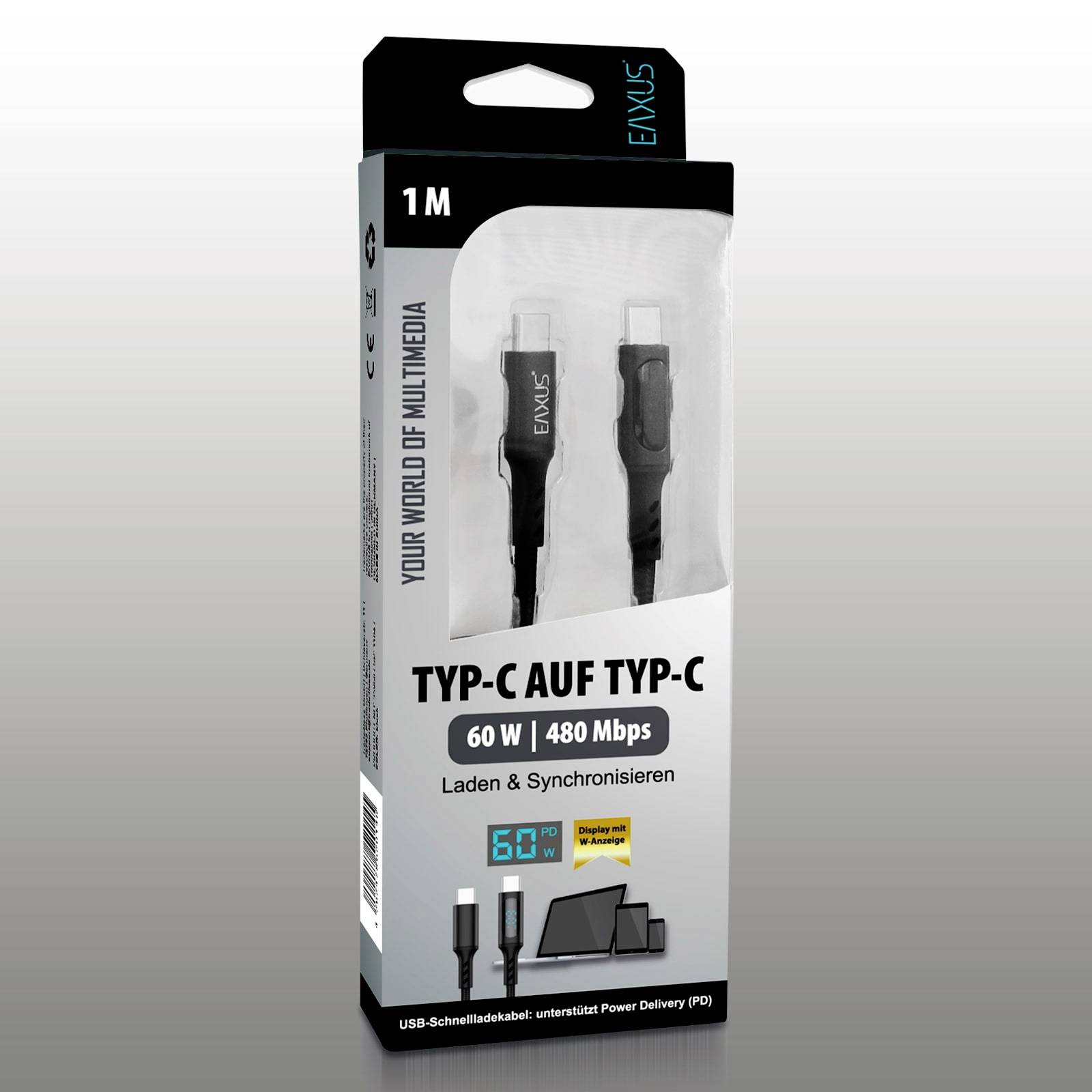'Câble USB Type-C vers Type-C, 1 mètre, 60 W, 480 Mbps. Pour charger et synchroniser. Câble de charge rapide USB avec Power Delivery (PD).'