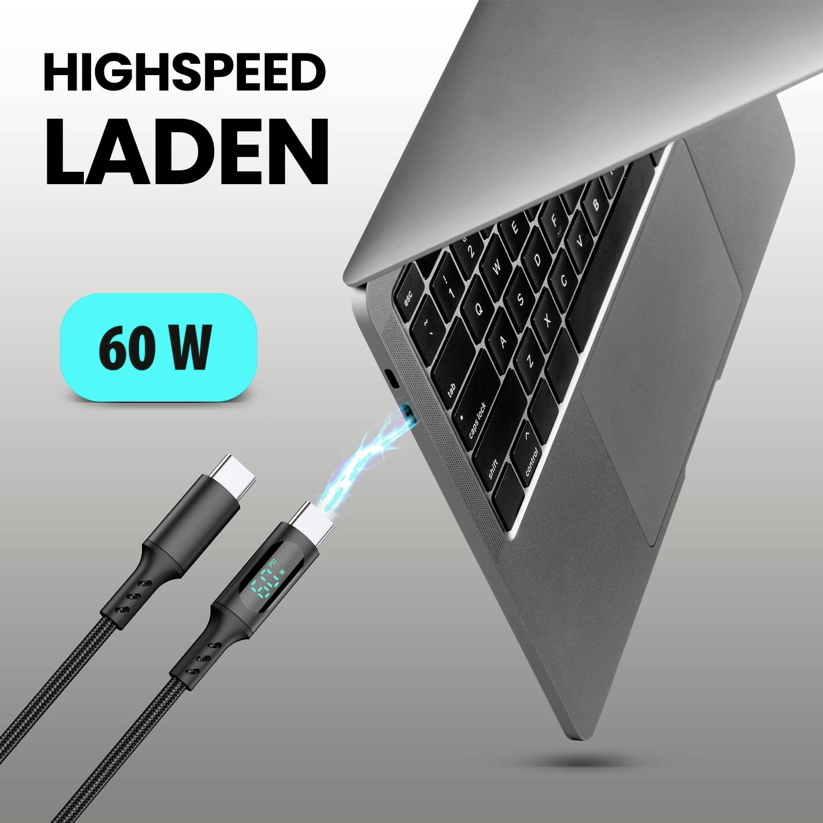 Ordinateur portable avec câble de charge de 60W connecté. Texte : « Charge à grande vitesse »