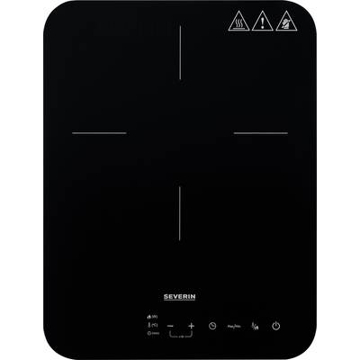 Plaque de cuisson à induction noire avec des symboles de commande en bas. Quatre marquages de zones de cuisson, symboles d'avertissement en haut. Marque 'SEVERIN'.