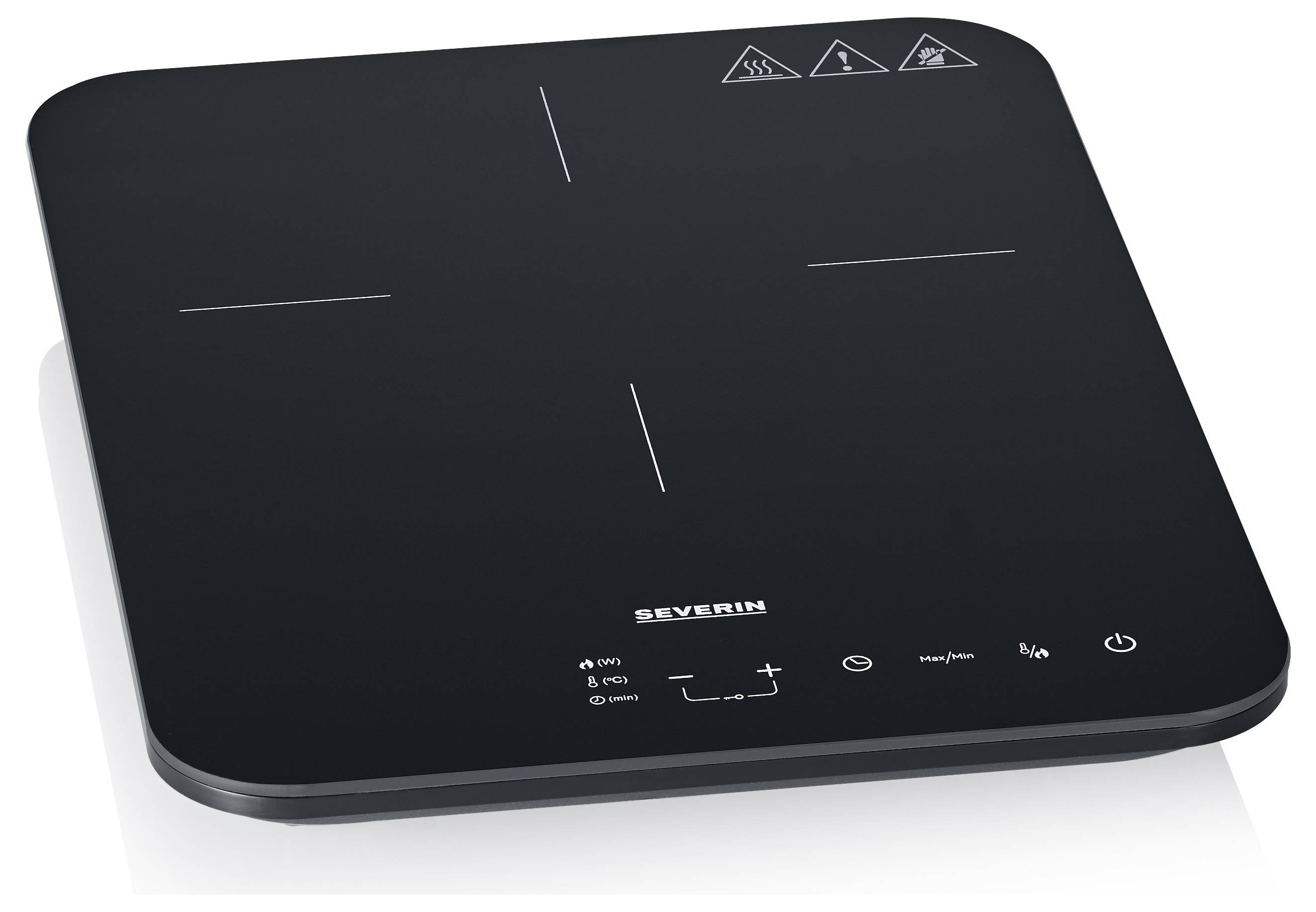 Plaque de cuisson à induction noire avec panneau de commande tactile et symboles de température, de temps et d'avertissement de sécurité sur la surface en verre.