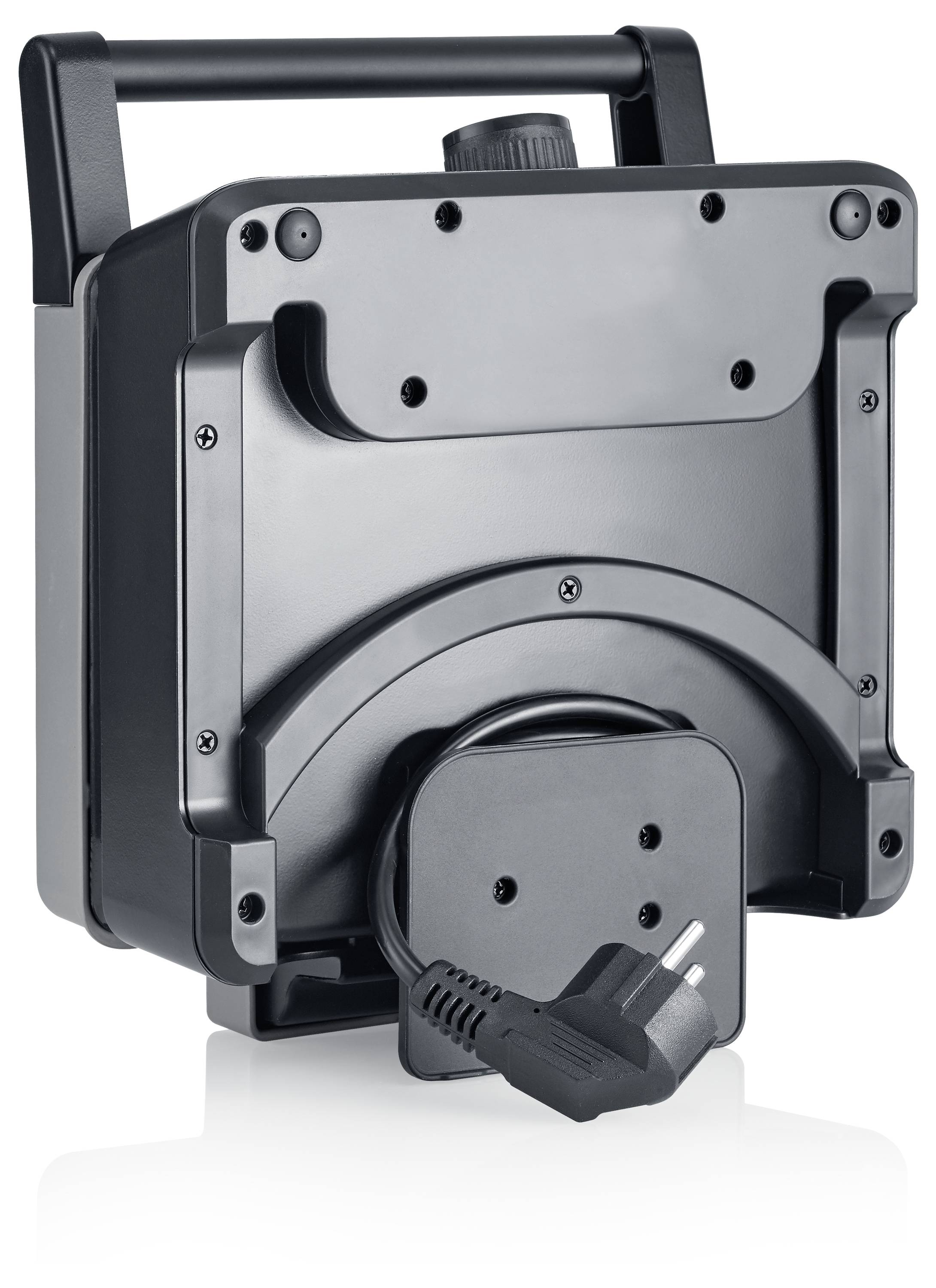 Un projecteur portable noir avec poignée et fiche européenne, présenté de profil.