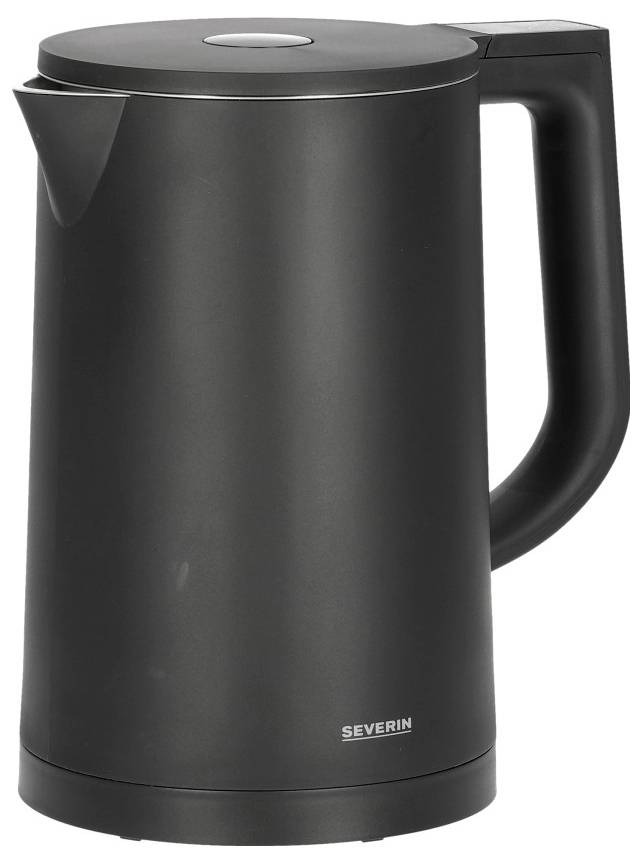 Bouilloire noire au design moderne et aux angles arrondis, avec le nom de marque 'Severin' visible en bas.