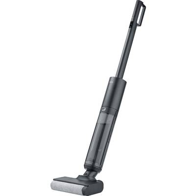 Aspirateur-balai sans fil, élancé et design sombre, équipé d'une brosse rotative, adapté aux sols durs et aux tapis.