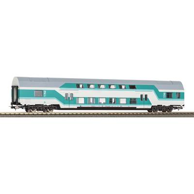 Un wagon de train miniature bleu et blanc est posé sur un rail. C'est un wagon à deux étages pour le transport de passagers.