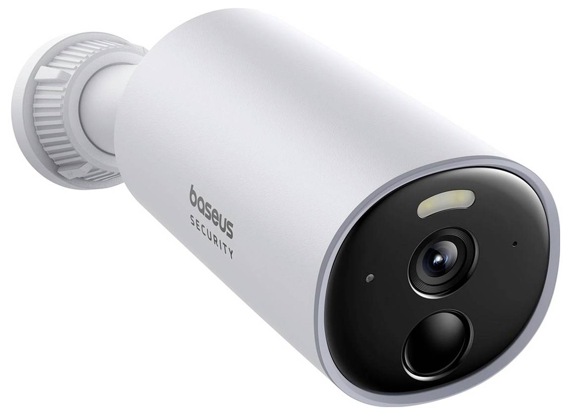 Caméra de sécurité de forme cylindrique avec objectif et lumière LED ; nom de marque sur le côté. Utilisée pour la surveillance.