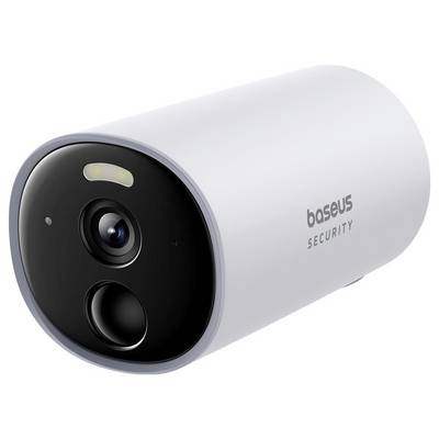 Caméra de surveillance blanche avec logo d'entreprise et plusieurs objectifs sur la façade avant.
