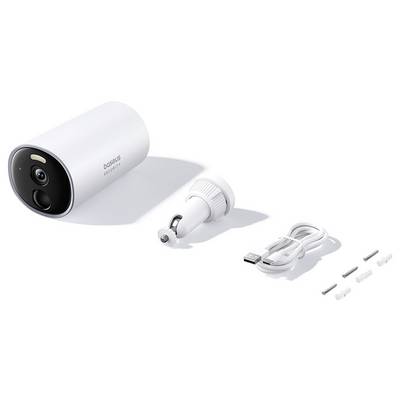 Une caméra de surveillance blanche avec accessoires : support magnétique, câble USB et chevilles. Idéale pour la surveillance de sécurité à l'intérieur et à l'extérieur.