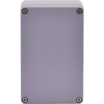 Boîte de distribution électrique avec quatre vis visibles aux coins sur un fond gris.