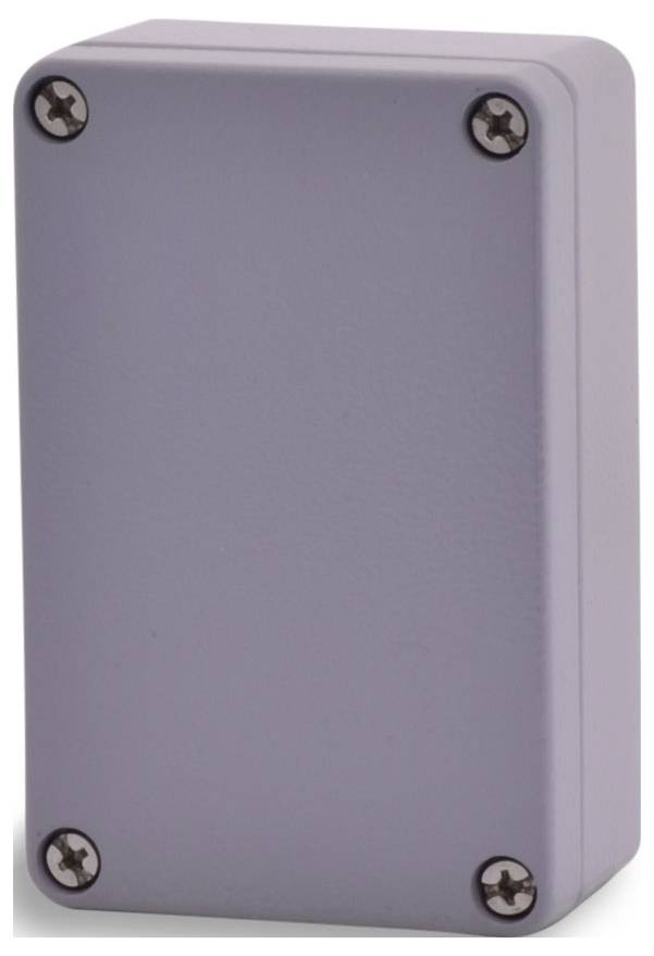 Boîtier rectangulaire gris avec quatre vis dans les coins, adapté pour contenir des composants électroniques ou des circuits.