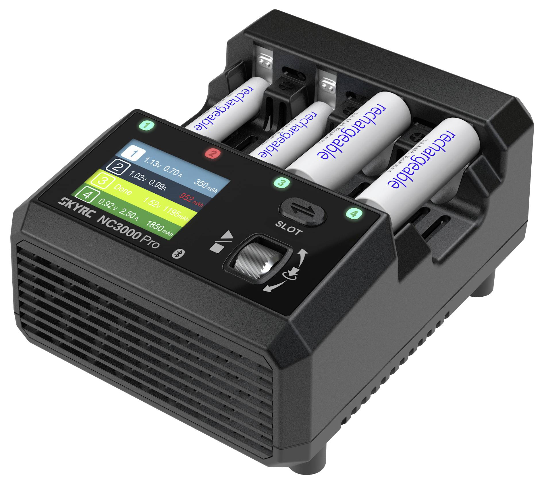 Chargeur de batterie avec deux piles AA insérées, doté d'un écran LCD affichant l'état de charge, des indicateurs de santé des batteries et des commandes de logement.