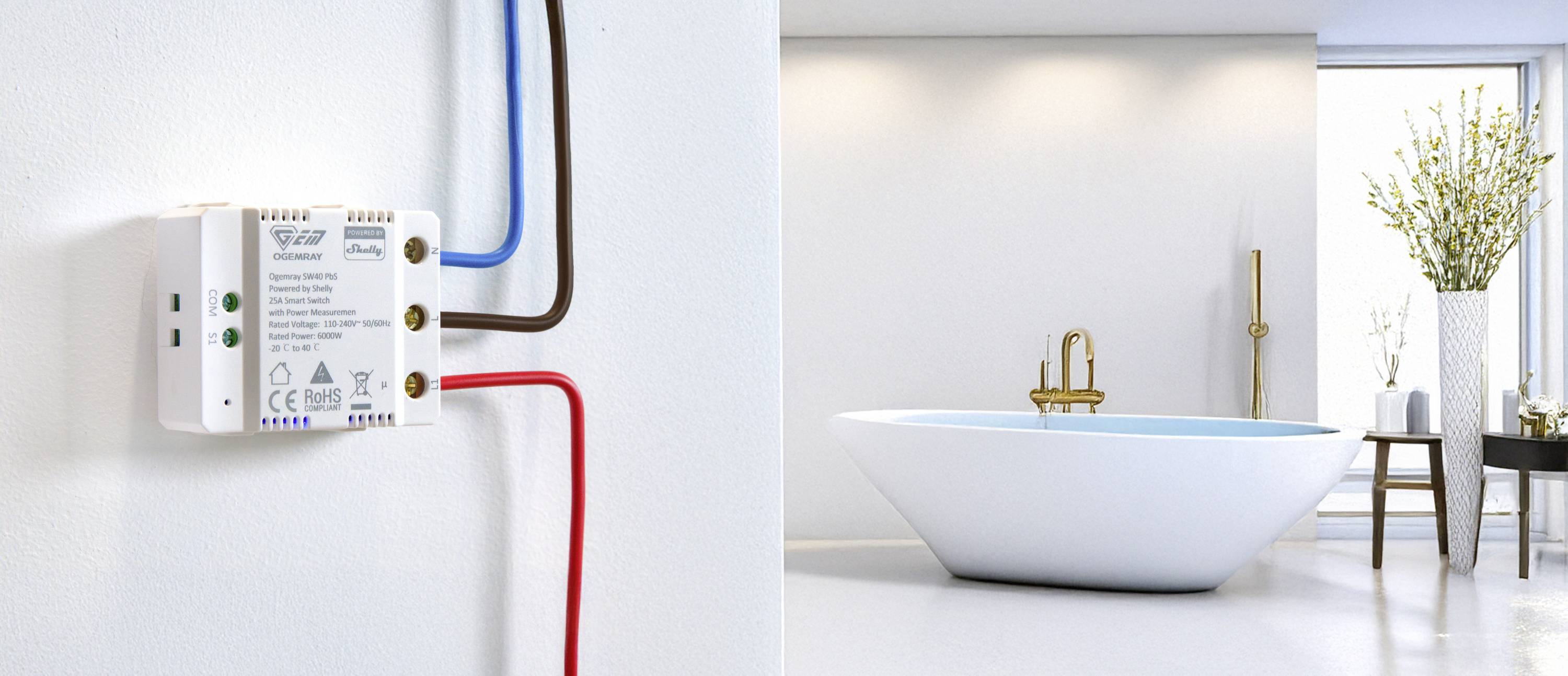 Liens : Appareil électrique avec trois câbles au mur. Droite : Salle de bains moderne avec baignoire îlot et plantes.