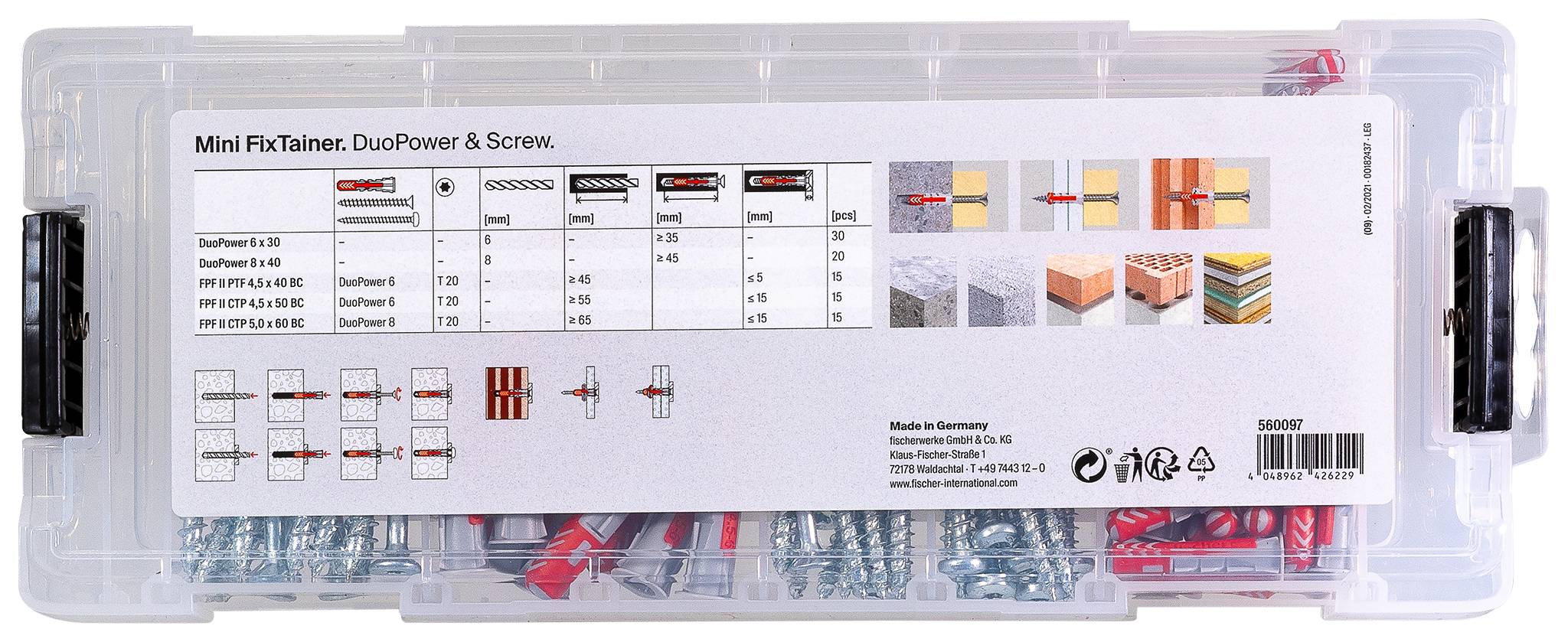Boîtier de rangement transparent clair étiqueté « Mini FixTainer. DuoPower & Screw. » contenant des chevilles murales assorties et des vis organisées dans des compartiments et illustrées sur l'emballage.