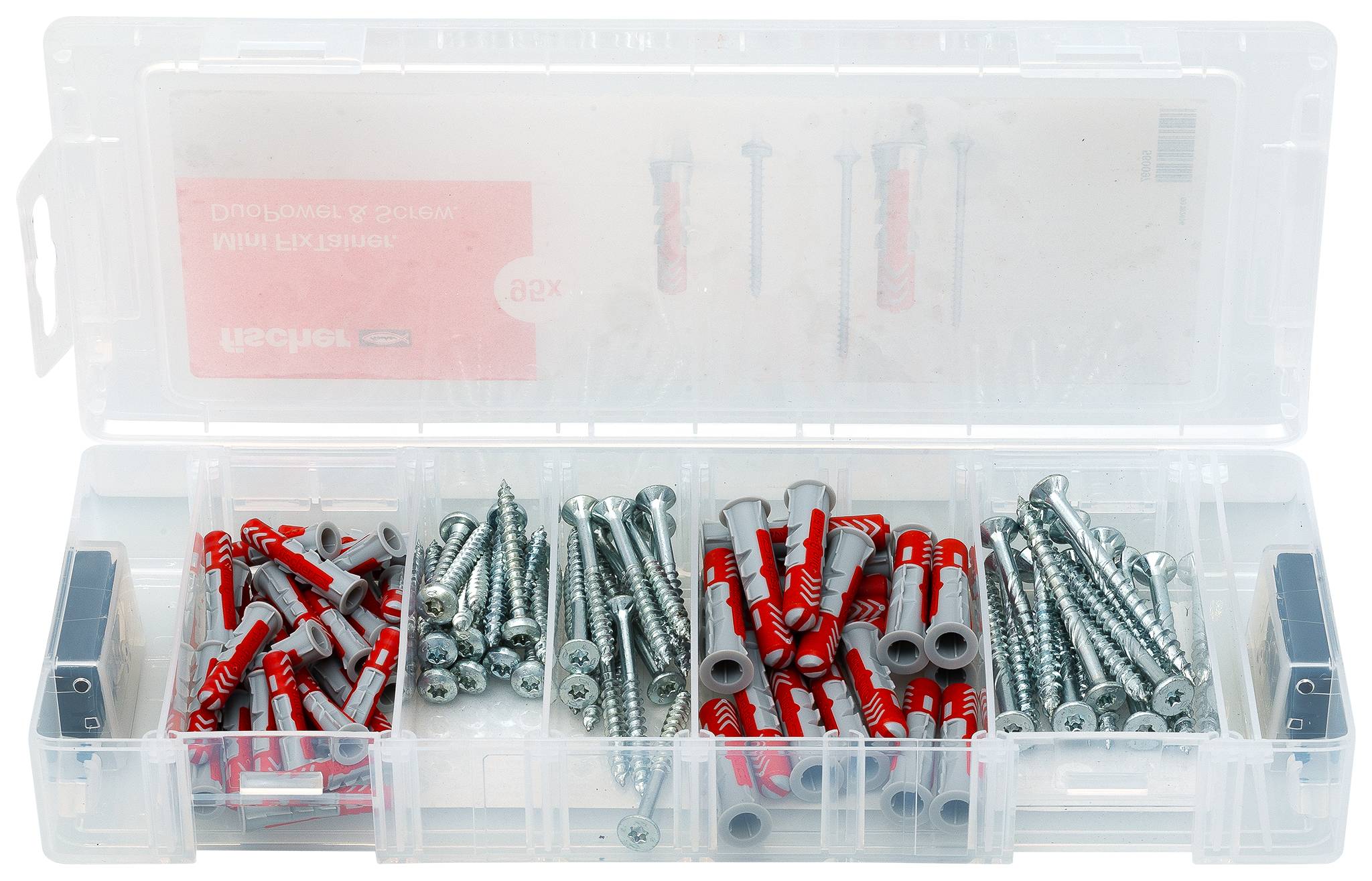 Boîte organisatrice en plastique ouverte remplie de vis, chevilles murales et attaches assorties dans des compartiments séparés.