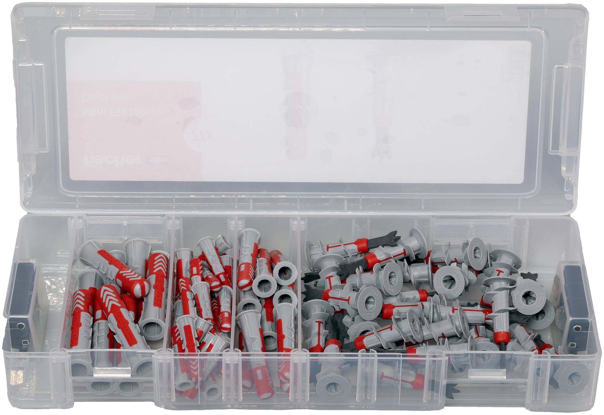 Boîte de rangement en plastique remplie de chevilles murales et chevilles rouge et gris, soigneusement organisées en compartiments