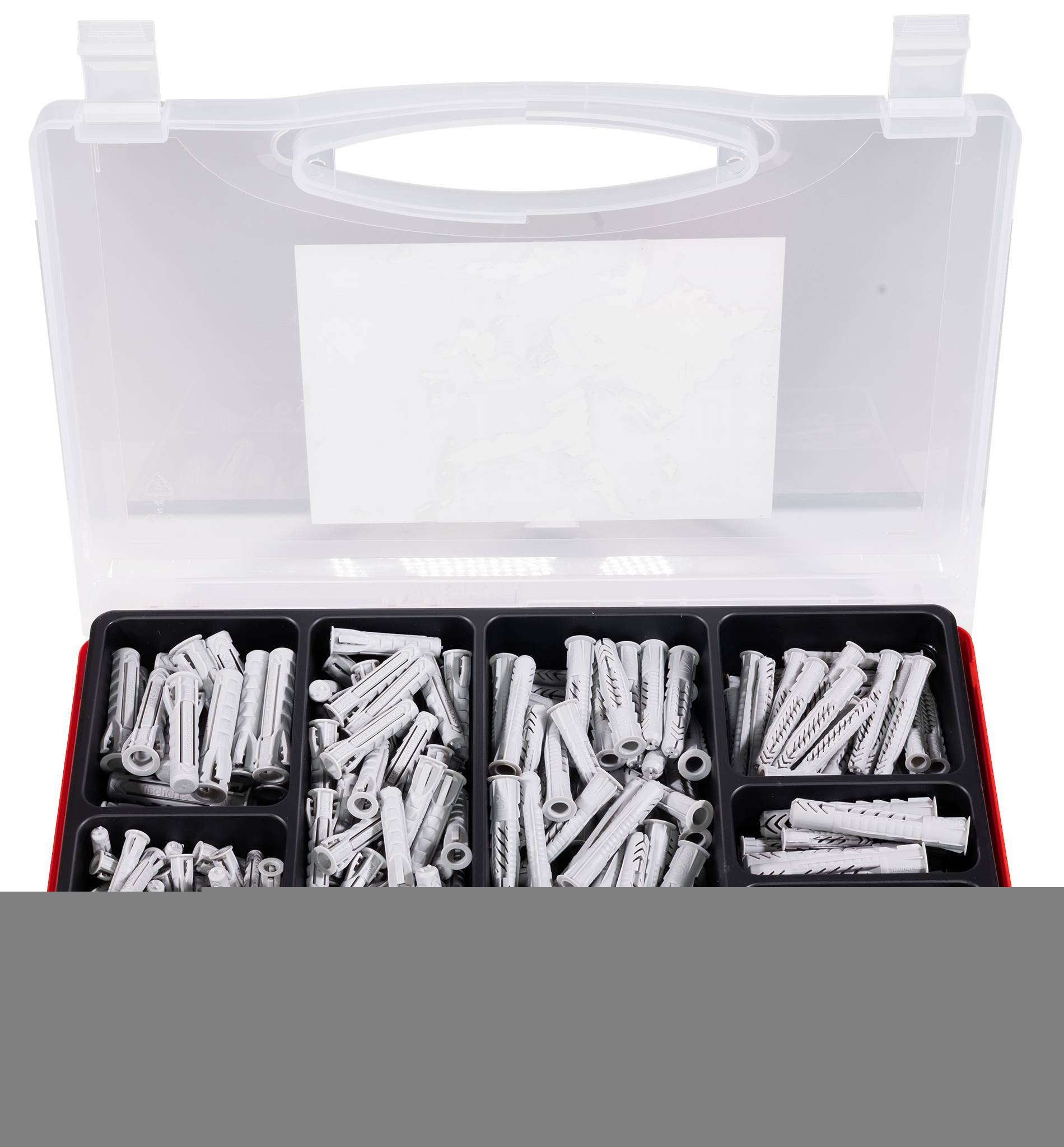 Boîte de rangement en plastique ouverte avec compartiments remplis de chevilles murales blanches assorties et de chevilles en plastique.