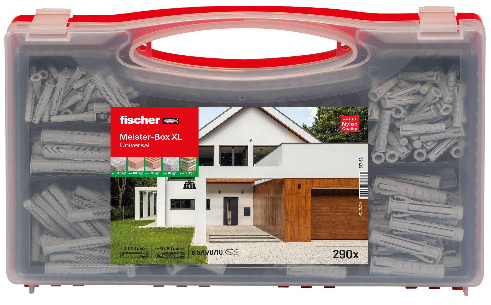 Une boîte organisatrice en plastique transparent remplie de chevilles murales, étiquetée « fischer Meister-Box XL Universal » et « 290x », destinée au stockage de chevilles universelles.