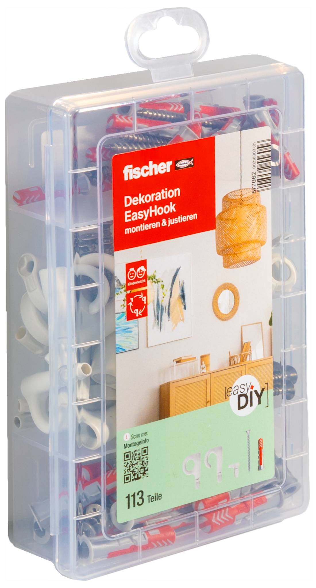 Boîte organisatrice en plastique transparent avec une étiquette rouge et blanche « fischer Dekoration EasyHook », montrant divers crochets muraux et 113 pièces à l'intérieur.